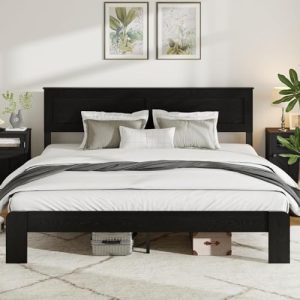 King Wood Platform Bed Frame - Rustic Farmhouse King Size Bed with Headboard - Sturdy, Noiseless Design - Easy Assembly
