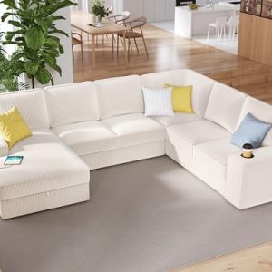 PaPaJet U Shaped Couch, 112 Inch Oversized Sectional Sofa with Storage Chaise, Cup Holders & USB Ports, Stylish Corduroy