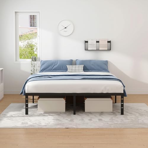 King Size Metal Bed Frame with Storage | Heavy Duty Mattress Foundation for Easy Assembly | 18 Inch Height | No Box Spri