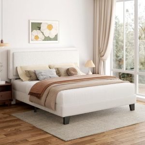 Modern Upholstered King Size Bed Frame + Adjustable Headboard + Soft Boucle Fabric + No Box Spring Required + Easy Assem