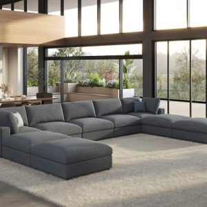 PaPaJet 9-Seat Modular Sectional Sofa | 190-Inch U-Shaped Cloud Couch with Chaise & Ottoman | Oversized Grey Linen Sofa