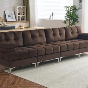 PaPaJet 124 Inch Modular Sectional Sofa, 4 Seater Couch for Living Room, Modern Dark Brown Sofa with Metal Legs, Comfort