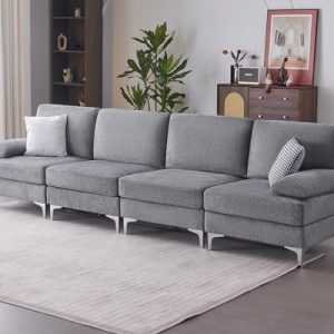 PaPaJet Cream Modular Sectional Sofa - 4 Seater Convertible Couch for Living Room, Stylish Gray Chenille Design