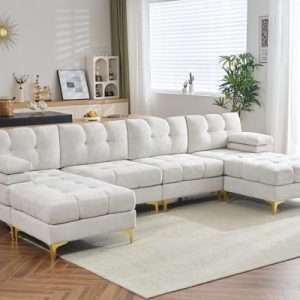 PaPaJet U Shaped Sectional Sofa - 6 Seater Beige Chenille Couch with Metal Legs for Living Room - Stylish Modular Design