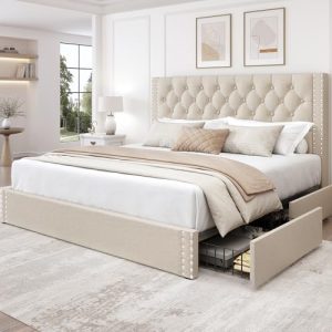 LARMACE King Size Bed Frame with Tufted Headboard | Linen Upholstered Platform Bed with 4 Storage Drawers | Heavy Duty W