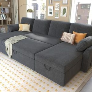 PaPaJet 110 Inch Sleeper Sofa - Oversized Pull Out Couch, U Shape for Living Room - Double Storage Chaise, Grey - Comfor
