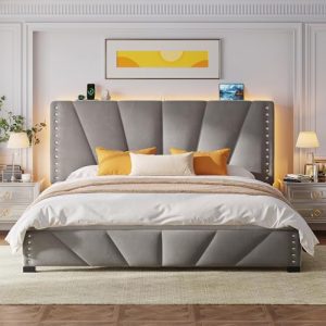 EnHomee King Size Velvet Bed Frame with Headboard & LED Light - Noise-Free Platform Bed for Bedroom, Apartment, Dorm - E
