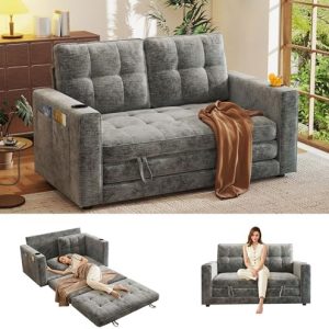 55" Convertible Folding Sofa Bed - Grey Chenille Sleeper Loveseat for Small Spaces | Pull Out Couch with Cup Holder & Pi
