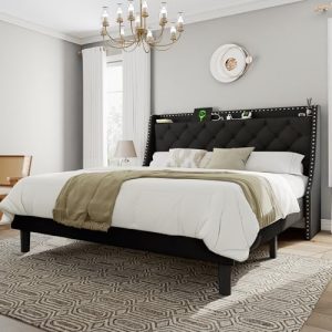 Feonase King Size Bed Frame with Luxury Wingback - Upholstered Storage Headboard with Fast Charging Station, Noise-Free