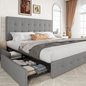 Allewie King Size Upholstered Platform Bed Frame with 4 Storage Drawers - Button Tufted Headboard, Wooden Slats Support,