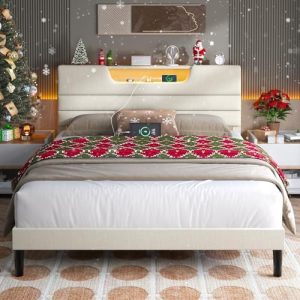 Queen Bed Frame with Charging Station and LED Light – Upholstered Queen Size Bed with Headboard, Easy Assembly, No Box S