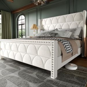 King Size Bed Frame - Velvet Upholstered Wingback Platform Bed, Sturdy Wooden Slat Support, Noise-Free Design, Cream Col