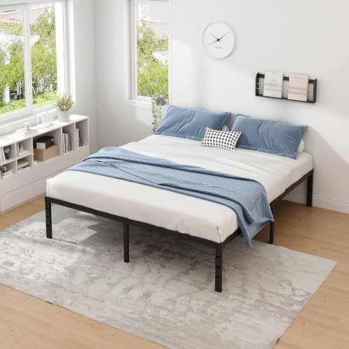 King Size Metal Bed Frame with Storage | Heavy Duty Mattress Foundation for Easy Assembly | 18 Inch Height | No Box Spri