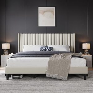 Yaheetech King Bed Frame - Upholstered Platform Bed with Fabric Headboard for Noise-Free Comfort | Wing Edge Design | Ea