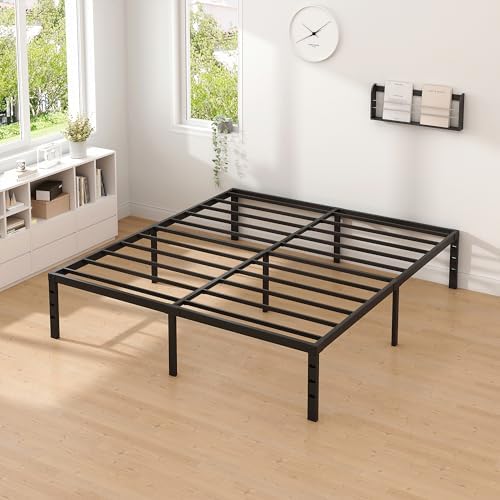 King Size Metal Bed Frame with Storage | Heavy Duty Mattress Foundation for Easy Assembly | 18 Inch Height | No Box Spri